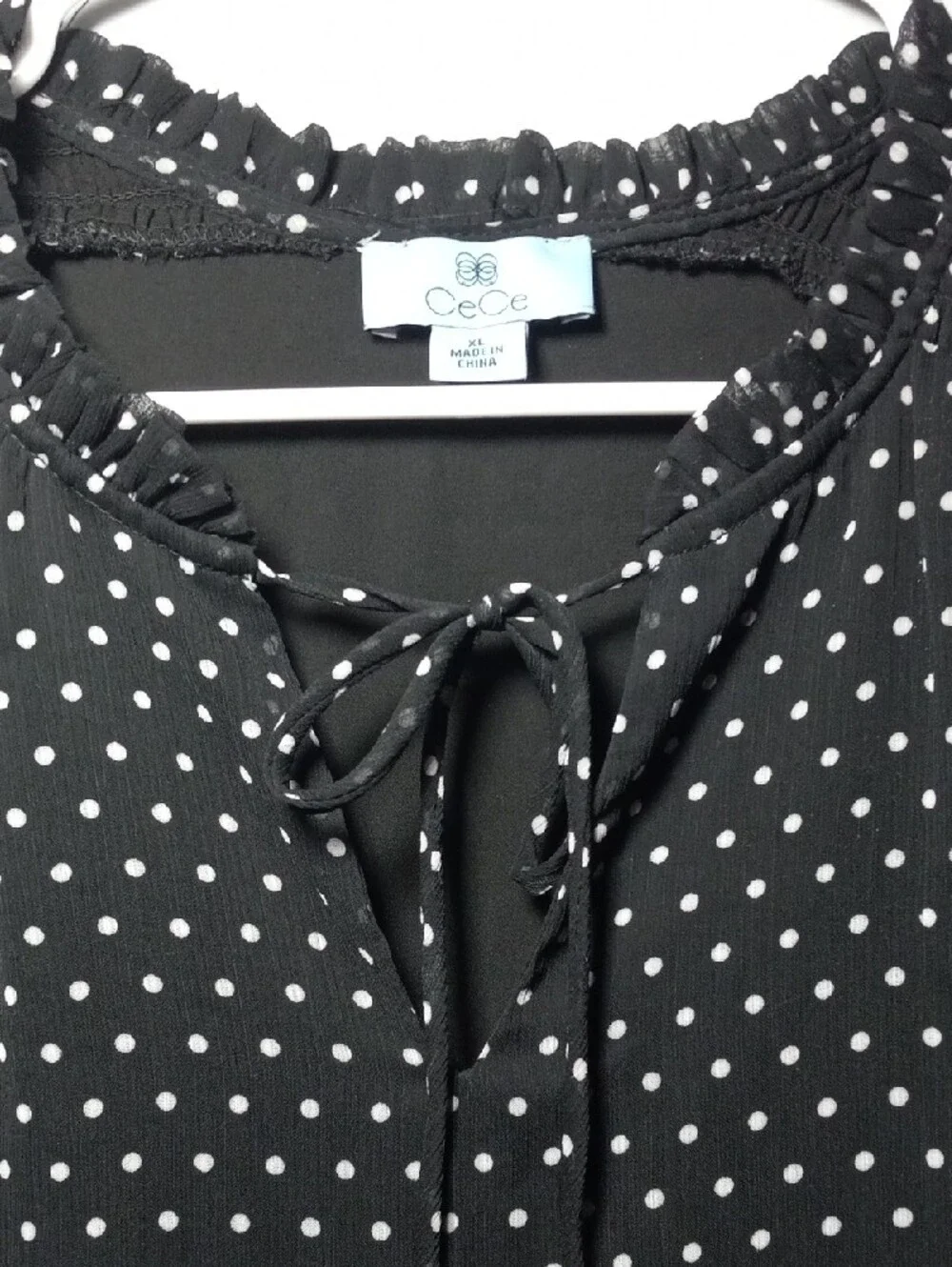 CeCe Black and White Polka Dot Tie-Neck Blouse - Picture 5 of 7